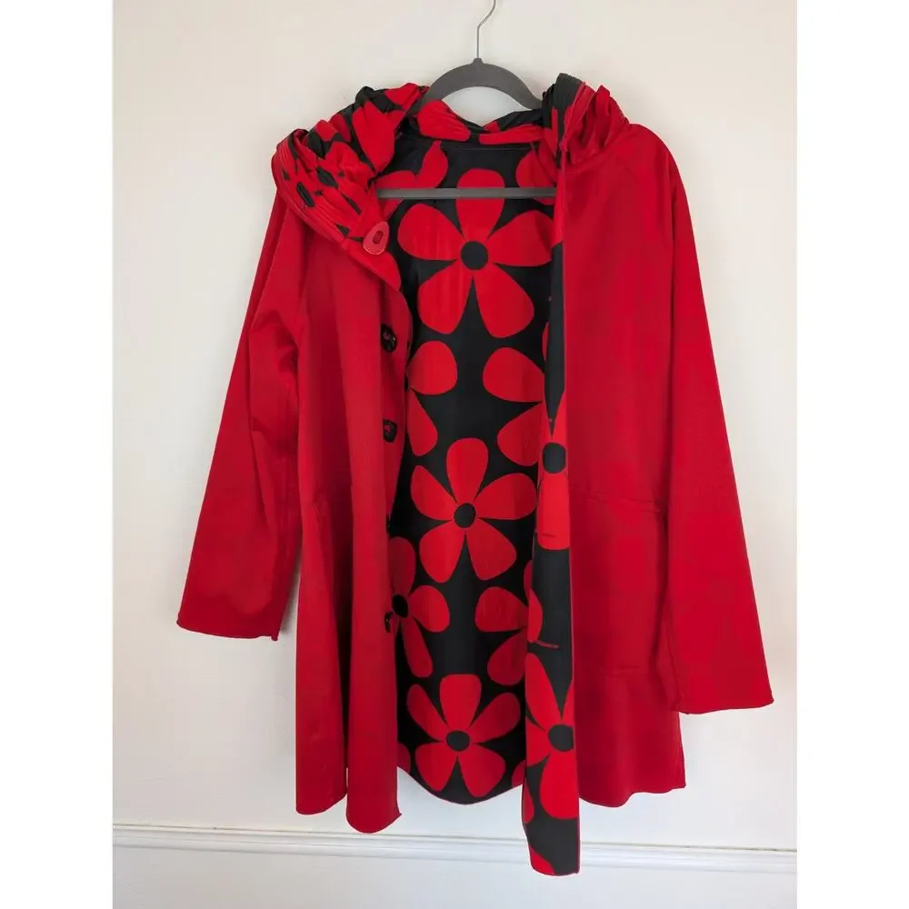 UBU Raincoat Reversible Pleated Floral Hooded Spring Fall Quirky Red Size S
